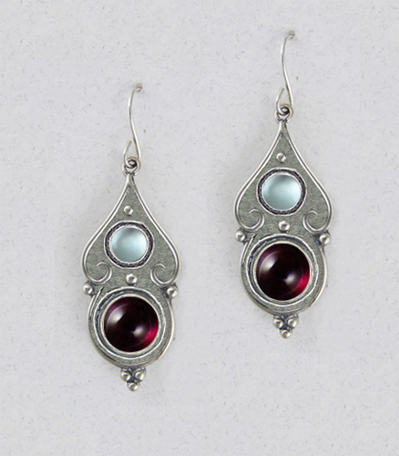 Sterling Silver Gothic Look With Garnet And Blue Topaz Gemstone Drop Dangle Earrings